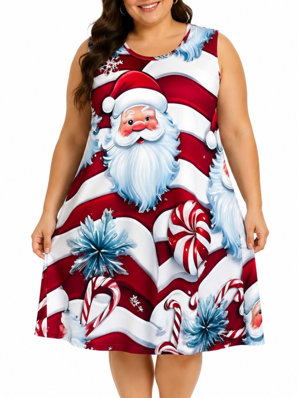 Plus Size Christmas Santa red white peppermint print sleeveless shift dress 5XL